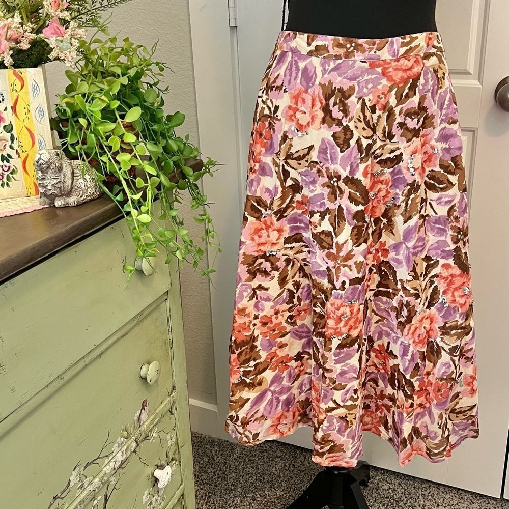 George Vintage Y2K Pink Purple Rose Floral A Line Sequin Skirt Sz 16 Shabby Chic